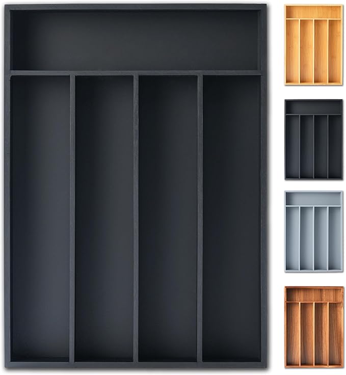 Silverware Organizer, 10 Inch Utensil Organizer Kitchen Drawer Organizer Bamboo Silverware Holder Cutlery Tray Organizer in Drawer Flatware Organizer Tray(5 slots, Black）