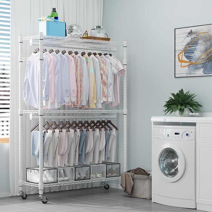 Homdox 3 Tier Heavy Duty Garment Rack with Wheels, Adjustable Wire Clothes Rack with Double Hanging Rods, Portable Closets for Hanging Clothes with Side Hooks, White
