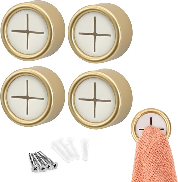 S&T INC. Round Adhesive Push Towel Hooks for Kitchen, Hand and Dish Towels, Brushed Gold, 4 Pack