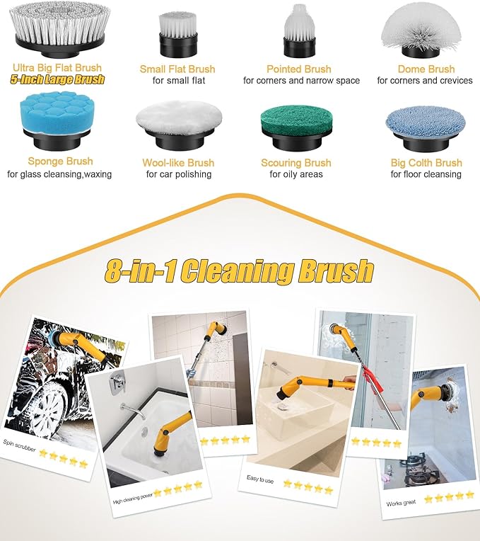 Qimedo Electric Spin Scrubber Extra Large Brush Q3,6000 mAh Best Battery Power Scrubber for Cleaning,1200RPM Shower Cordless Cleaning Brush with 8 Brushes for Bath/Tub/Tile/Floor (Smart Display)