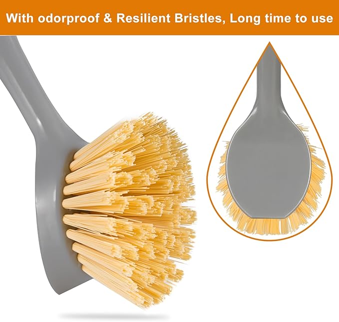 2 Pack Dish Brushes with Bamboo Handle, Kitchen Dish Scrubber Built-in Scraper, Scrub Brush for Pans, Pots, Counter & Kitchen Sink Cleaning, Dishwashing and Cleaning, Perfect Cleaning Tools, Gray