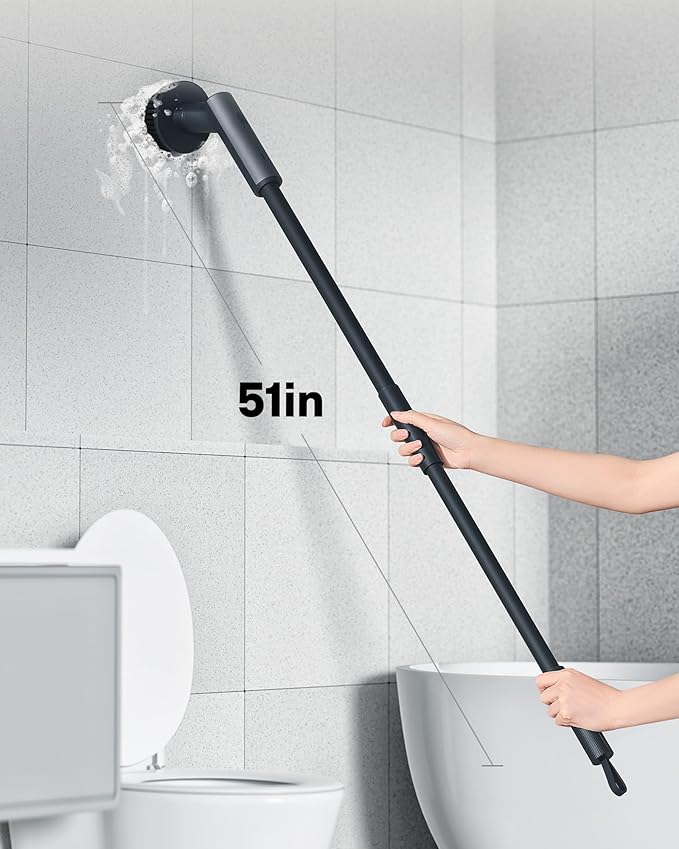 HOTO Cordless Electric Spin Scrubber, IPX7 Full Body Waterproof Bathroom Cleaning Brush, Max 22 in-lb, Shower Scrubber Brush with Long Handle, 6 Brush Heads, Power Scrubber for Bathroom, Floor, Tile