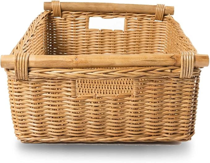 The Basket Lady Low Pole Handle Wicker Storage Basket, Extra Large, 21.5 in L x 14.5 in W x 6.5 in H, Sandstone