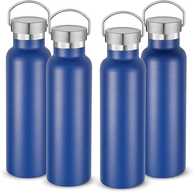 Neihepal 20 oz Insulated Water Bottles Bulk 4 Pack,Stainless Steel Double Wall Sport Bottle with Lid of Handle,Metal Reusable Thermoses Flask with Cup Cap for School,Hikers,Gift (Navy,Set of 4)