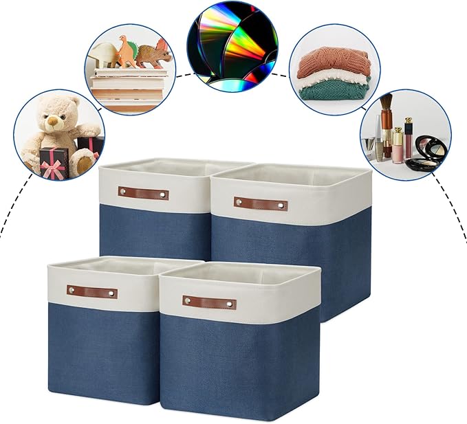DULLEMELO Storage Baskets for Shelves Closet Storage,Large Home Organization Bins for Gifts Empty,Foldable Fabric Storage Cubes Baskets for Nursery Toy Towels Clothes Storage(White&Blue)