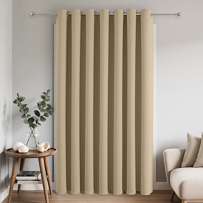 Joydeco Blackout Patio Sliding Door Curtains 96 Inches Long, Grommet Privacy Room Divider Curtains, Extra Wide Thermal Blackout Drapes for Bedroom Living Room (Light Beige, 100Wx96L, 1 Panel)
