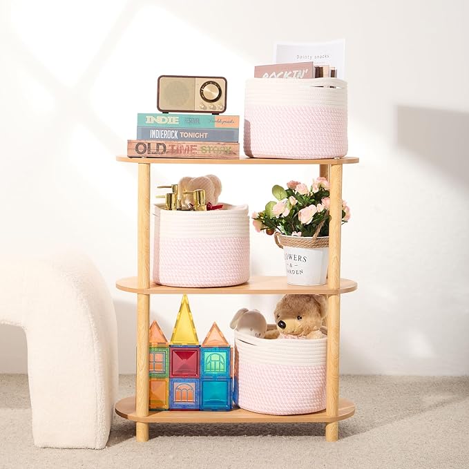 Small Basket for Organizing | Cube Shelf Closet Storage Baskets | 9.7×9.7×7.1” | Woven Rope Gift Basket | Nursery | Round 3 Packs Pink