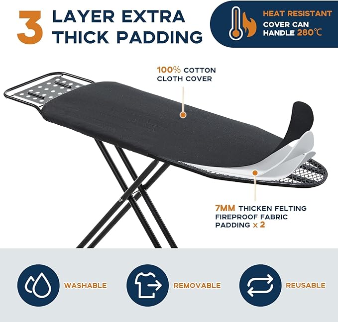 Ironing Board Full Size, RAINHOL 54"x13" Heavy Duty Compact Ironing Board with Iron Rest, Heat Resistant Cover with Ultra Thick Padding, Height Adjustable Sturdy Iron Stand, Black