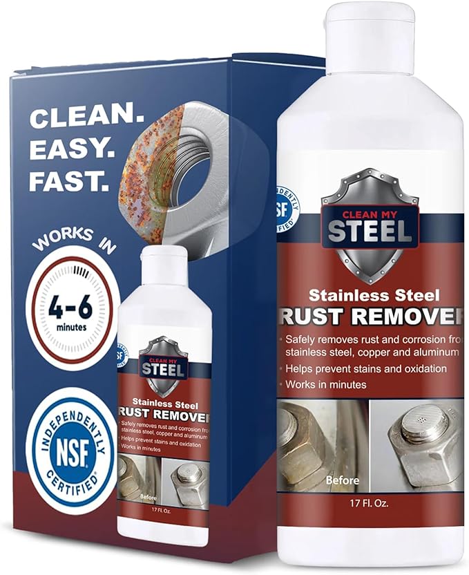 Stainless Steel Rust Stain Remover & Cleaner, NSF Approved Safe for Food Areas. Non-Toxic Stainless Steel Cleaner for Appliances is Perfect for Commercial Use, Your Fridge, Best Knife, Pan (17 oz)