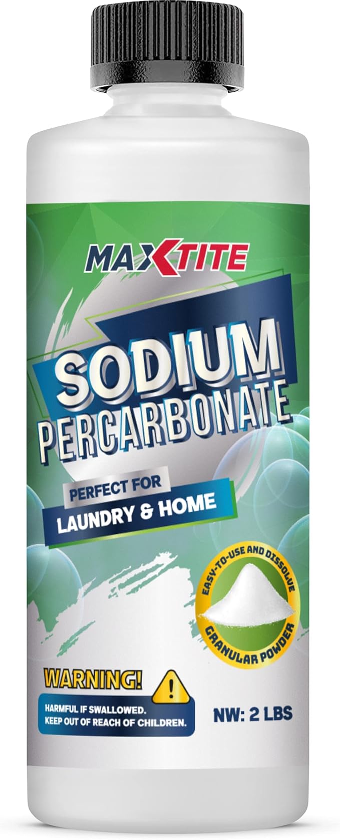 MAXTITE Sodium Percarbonate (2 lbs) - 100% Pure - Solid Hydrogen Peroxide/Oxygenated Bleach - Multi-Use Cleaner for Home & Laundry - HDPE container w/Resealable Child Resistant Cap