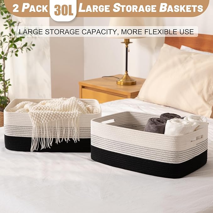 Large Storage Basket for Organizing, Woven Rope Basket for Shelves, Closet Organizer Bins for Clothes, Blanket, Toys, Baby Nursery Storage, 17.7" x 13" x 7.87", 2 Packs Gradient Black