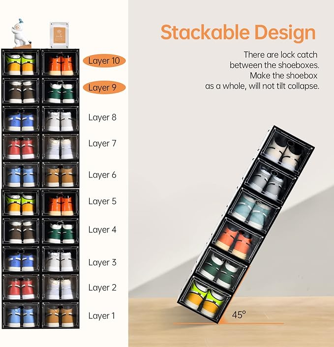 12 Pack Shoe Boxes Stackable,Upgraded Sturdy Shoe Storage Boxes with Clear Magnetic Door,Multifunctional Sneaker Storage, Shoe Box Organizer Fit up to US Size 12 Gray(13.8”x 9.84”x 7.1”)