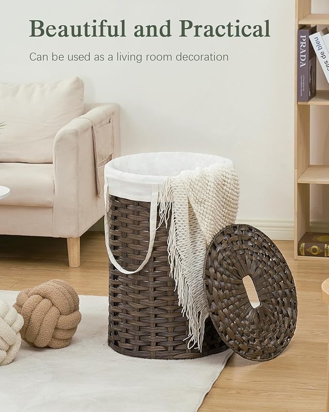 Laundry Hamper with Lid, 19.0 Gal (72 L) Round Wicker Laundry Basket, Handwoven Rattan Basket with Lid, Removable Bag, 2 Mesh Bags, Handles for Living Room, Bathroom, Brown