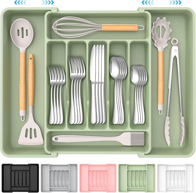 Extra Large Expandable Silverware Organizer, BPA-Free Food-Safe Cutlery Flatware Organizer, Kitchen Utensil Drawer Organizer, Adjustable Silverware Holder for Spoons Forks Knives, Green