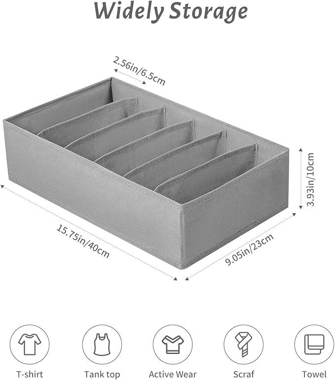 4 Packs T-shirt Drawer Organizers for Clothing,6 Grids Compartment Wardrobe Storage Box, Washable Clothes Organizer for Folded Clothes, T-shirt, Legging, Silk Scarve