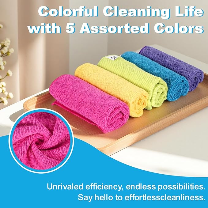 Microfiber Cleaning Cloths, 15 Pack Cleaning Rags, Wet and Dry Use Cleaning Towels, Highly Absorbent and Soft Feel, Lint Free, Streak Free, 11.5"X11.5"(Red/Yellow/Green/Blue/Purple)