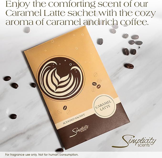 Floral Simplicity Caramel Latte Scented Sachets Pack of 6, Fall & Winter - Long-Lasting Scented Bags, Home Fragrance, Air Freshener & Deodorizer for Closet, Room, Drawer, or Cars, Made in The USA