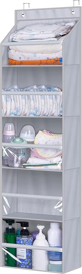 AOODA Over the Door Organizer, Large Capacity Closet Door Hanging Organizer, Clear Deep Pockets Baby Storage for Nursery, Bathroom, Bedroom, Pantry, Diapers (Grey)