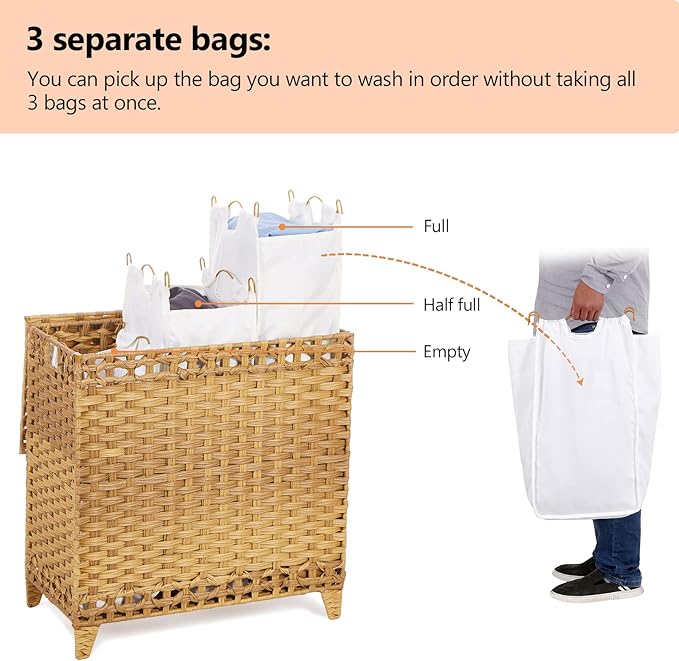 Laundry Hamper with 3 Removable Liner Bags; 132L Handwoven Rattan Laundry Basket with Lid & Heightened Feet; Clothes Hamper with Side Handles; Laundry Sorter with 3 Separate Sections (Natural)