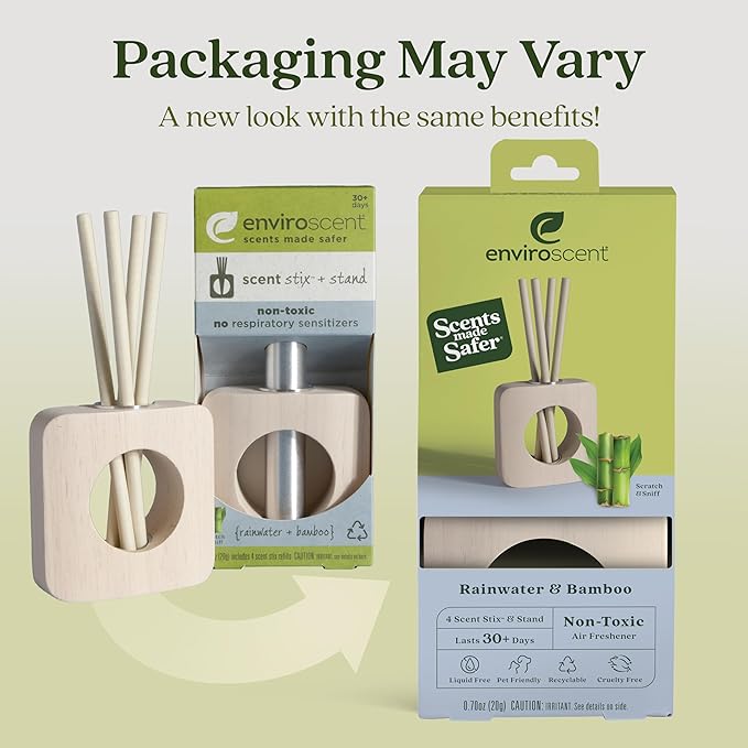 Enviroscent Non-Toxic Air Freshener for Home Essential Oil Diffuser | Fragrance Lasts Over 30 Days | Kit includes 1 Mango Wood Stand & 1 Scent Stix Refill (Rainwater & Bamboo)