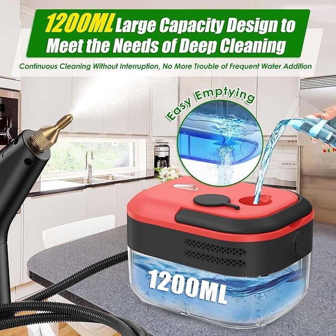 7-in-1 Handheld Steam Cleaner, 2200W High Pressure Steam Cleaner, 1.2L Portable Car Steam Cleaner for Home Kitchen, Bathroom, floor and Car Cleaning, 10s Fast Heating High Pressure Steam Cleaning, Red