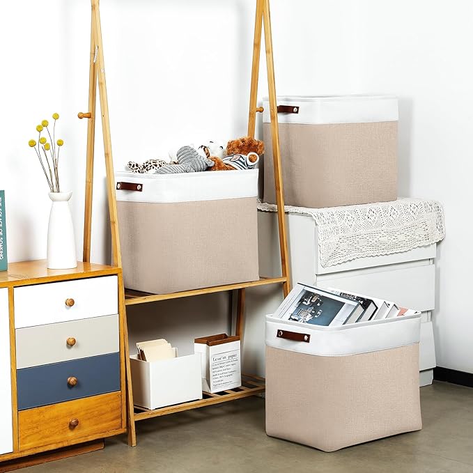 DULLEMELO Large Storage Baskets for Organizing, Canvas Storage Bins Big Baskets With Handles for Shelf Clothes Empty Gift Basket (White&Khaki)