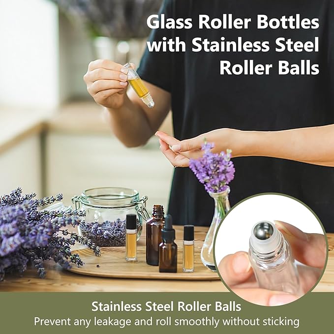 KEYWING 54 Pack Clear Essential Oil Roller Bottles – 10ml Glass Roll-On Bottles with Stainless Steel Roller Balls & Caps, Refillable Perfume Containers for Travel & DIY