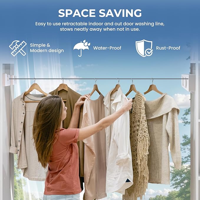 Retractable Clothesline Indoor Outside Heavy-Duty, Upgrade 304 Double Stainless Steel Shower Room Clothes line, Fit Rv Balcony Courtyards Indoor Drying Rack Clothesline, 13.8ft