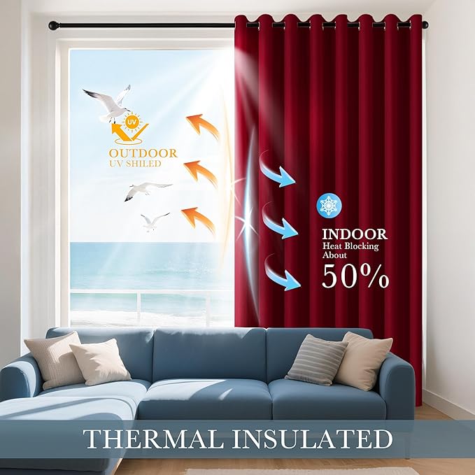 PONY DANCE Blackout Curtains for Bedroom - Double Pieces Thermal Insulated Drapes Noise Reducing Solid Grommet Top Window Curtain Panels for Home Decoration and Doorway, 55 x 80 inch, Red, 1 Pair