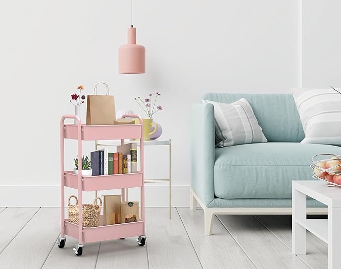 CAXXA 3-Tier Rolling Metal Storage Organizer - Mobile Utility Cart with Caster Wheels, Pink