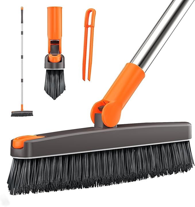 AIR U+ Grout Brush with Long Handle 180° Swivel Scrub Brush with Tweezers to Hair Clip V-Shape Grout Line Scrubber Stiff Bristles for Deep Cleaning Crevice, Tile Line, Shower, Kitchen, Corners
