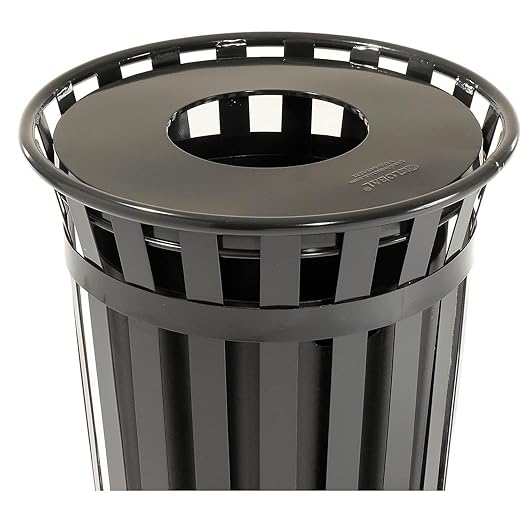 Global Industrial 36 Gallon Outdoor Slatted Steel Round Trash Can with Flat Lid, Plastic Liner & Anchor Kit Included, 28" W x 36" H, Commercial & Industrial Trash Can, Black