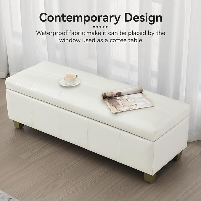 51" Faux Leather Storage Ottoman, Stitch Tufted Rectangle Upholstered End of Bed Storage Bench, Entryway Large Couch Ottoman with Wooden Legs,White