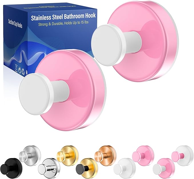 Suction Cup Hooks for Shower,Removable No Drill Towel Hooks,Upgraded 15 lbs Strong Suction hooks for Bathroom Tile,Shower Wall,Glass Door,Kitchen-Loofah,Coat,Stainless Waterproof-Pink White 2 Pcs