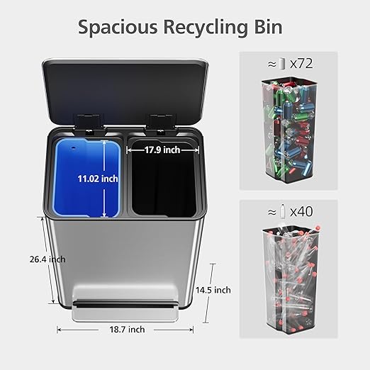 GarveeHome 60L/16 Gal Kitchen Trash Can,2×8 Gal Pedal Trash Bin with Removable Baskets,Stainless Steel Garbage Can for Kitchen Office Restaurant School Hospital