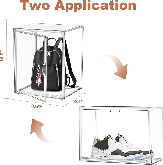 10 Pcs Clear Purse Storage Boxes, Plastic Shoe Boxes Stackable Acrylic Display Case Shoe Organizer with Magnetic Lid, Acrylic Display Box for Collectibles,Purse Organizer,Handbag,Shoes Size 14