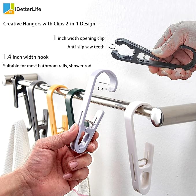 iBetterLife Clothes Pins Heavy Duty Outdoor - 4 Pcs Large Laundry Hook Hangers with Clips Closet Organizer Clamps Hanging Socks Boot Bras Towels Shower Pegs for Bathroom Wardrobe Kitchen Office, Black