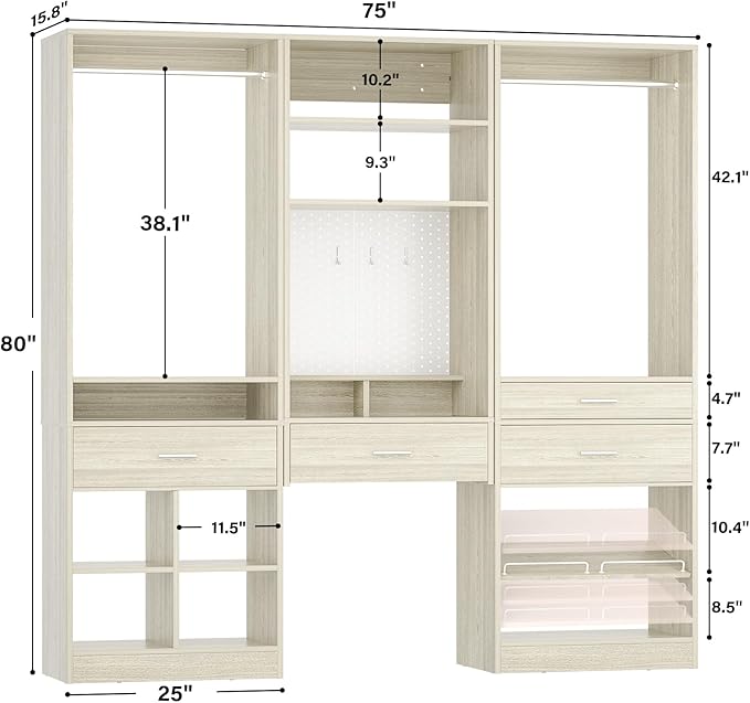 Unikito 75” Modular Closet System, Freestanding Closet Organizer with Hanging Rods, Drawers, Adjustable Clothes Garment Rack with Shoe Rack, Sturdy Walk in Closet Set for Bedroom, Mudroom, White Oak