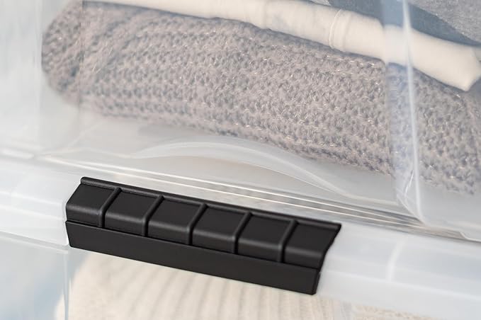 IRIS USA 40 Qt Stackable Plastic Storage Bins with Lids, 4 Pack - BPA-Free, Made in USA - See-Through Organizing Solution, Latches, Durable Nestable Containers, Secure Pull Handle - Clear