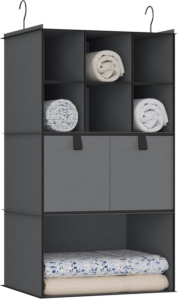 Hanging Closet Organizer 4 Shelves, 2 Drawers Closet Organization and Storage, 6 Compartments Wardrobe Clothes Organizer, Dark Gray
