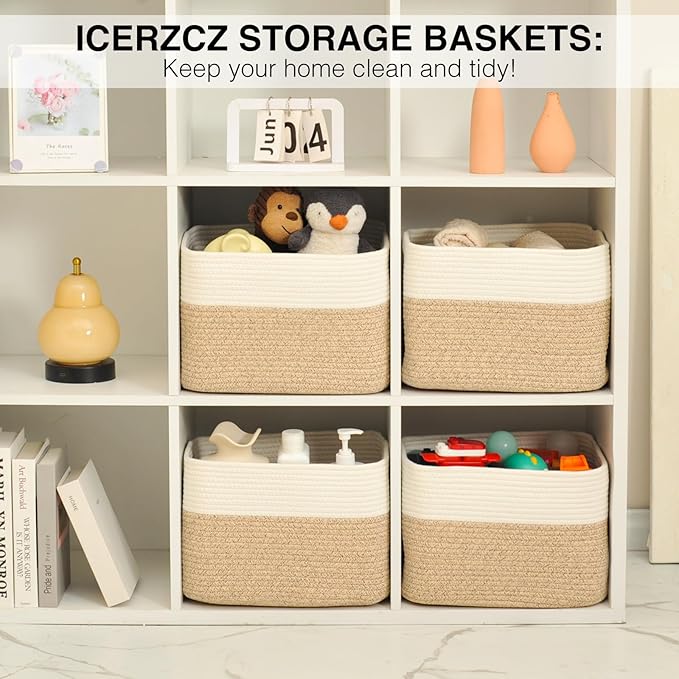 Storage Baskets for Organizing & Shelves, Woven Cotton Rope Organization Bins for Dog Toys, Clothes, Books, Nursery Organizer, 15" Lx11''Wx9.5''H, (4 Packs) Off White & Brown