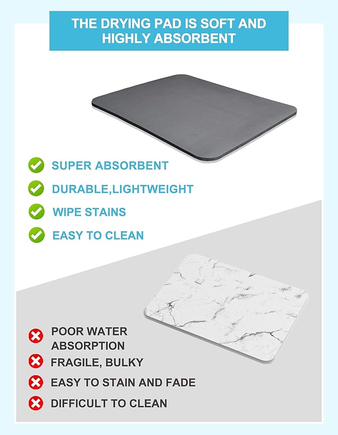 Dish Drying Mat for Kitchen Counter, 16"x24" Dish Drying Pad with Non-slip Rubber Backed, Hide Stain Anti Absorbent for Kitchen Counter, Drying Mat for Coffee Machine Dish Rack (Grey)