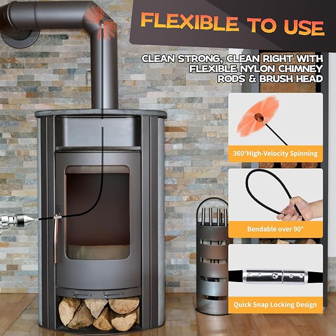 46 Feet Chimney Sweep Kit, Chimney Cleaning Kit with 14 Flexible Black Chimney Rods, Chimney Brush, Rotary Chimney Cleaning System Driven by Drill for Sweeping Fireplace