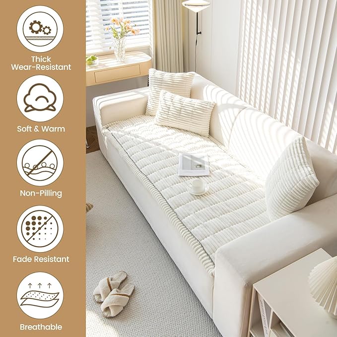 OTOB Couch Cover for Dogs Washable, Non Slip Plush Fuzzy Sofa Covers for 3 Cushion Couch Pet Friendly, Soft All Seasons Sofa Slipcover Cozy Furniture Protector (Cream, 31.5" x 82.7")