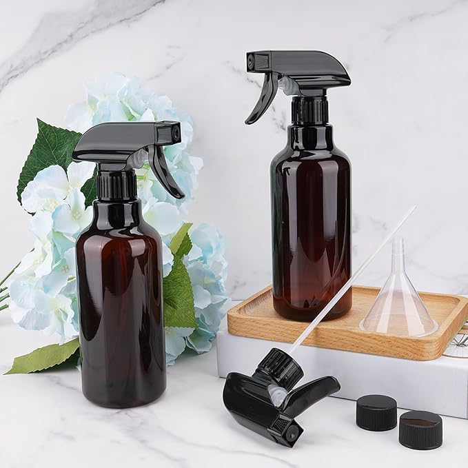 Plastic Spray Bottles Empty Spray Bottle 16.9oz/500ml 2 Pack Heavy Duty Spraying Bottles Mist/Stream Water Bottle for Cleaning Solutions, Essential Oils, Hair (Amber)