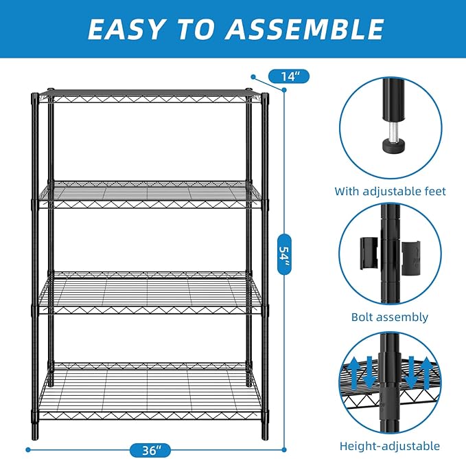 4-Shelf Adjustable Metal Shelf Wire Shelving Unit Storage Rack Display Shelf for Office,Kitchen,Bedroom,Bathroom,Laundry,Pantry Basement,Garage(Black,36" L x 14" W x 54" H)