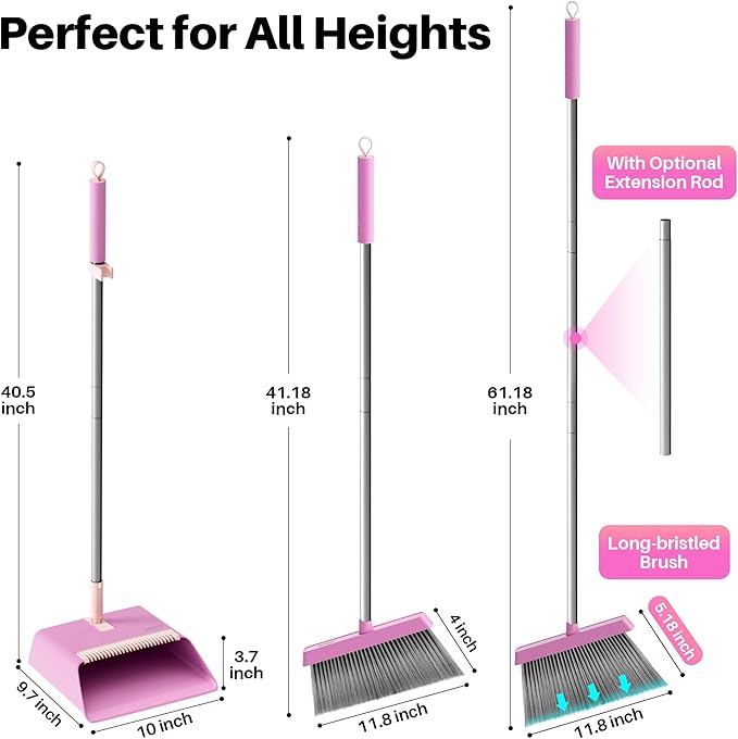 JOYMOOP Pink Broom and Dustpan Set, Upright Angle with Built-in Comb Teeth for Kitchen, Lobby, Pet Hair and Hard Floors