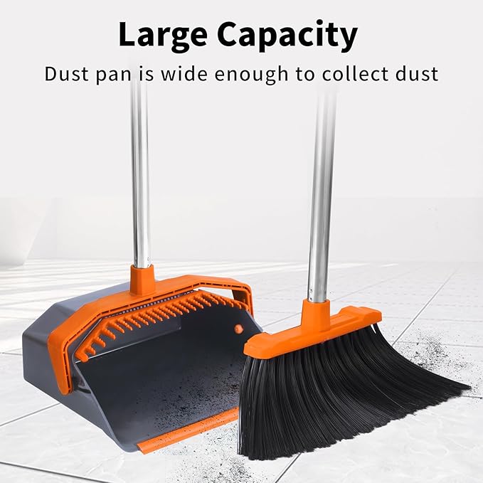 Broom and Dustpan Set with 51'' Long Handle, Upright Broom and Dustpan Combo for Home Kitchen Office Restaurant Garage Lobby Dog Cat Pets Hair - Grey and Orange