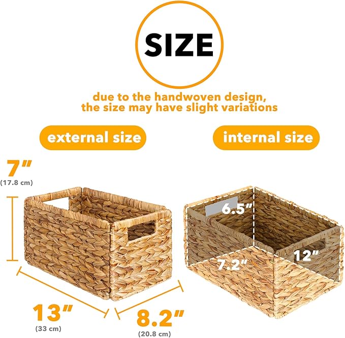 SpaceAid 6 Pack Wicker Basket, Storage Baskets for Organizing, Woven Rattan Basket with Handles for Shelves, Water Hyacinth Large Cube Organizer Storage Bin, 13x8.2x7 inch, Natural