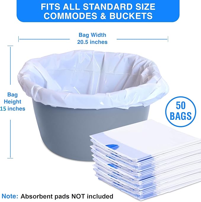 Disposable Potty liners - 50, Bed side commode Liners, Portable Toilet Bag, Potty Bags for Portable Toilet, Potty Chair Liners, Toilet Liners, Commode Bags - Leak Proof & Odorless